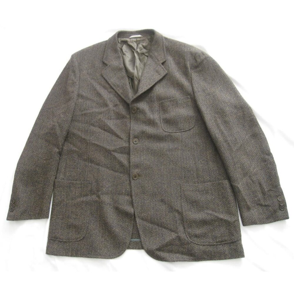 Old Money Tweed Wool Sz 44 L Herringbone Pocket 3-Button Italian Blazer (MJ82)